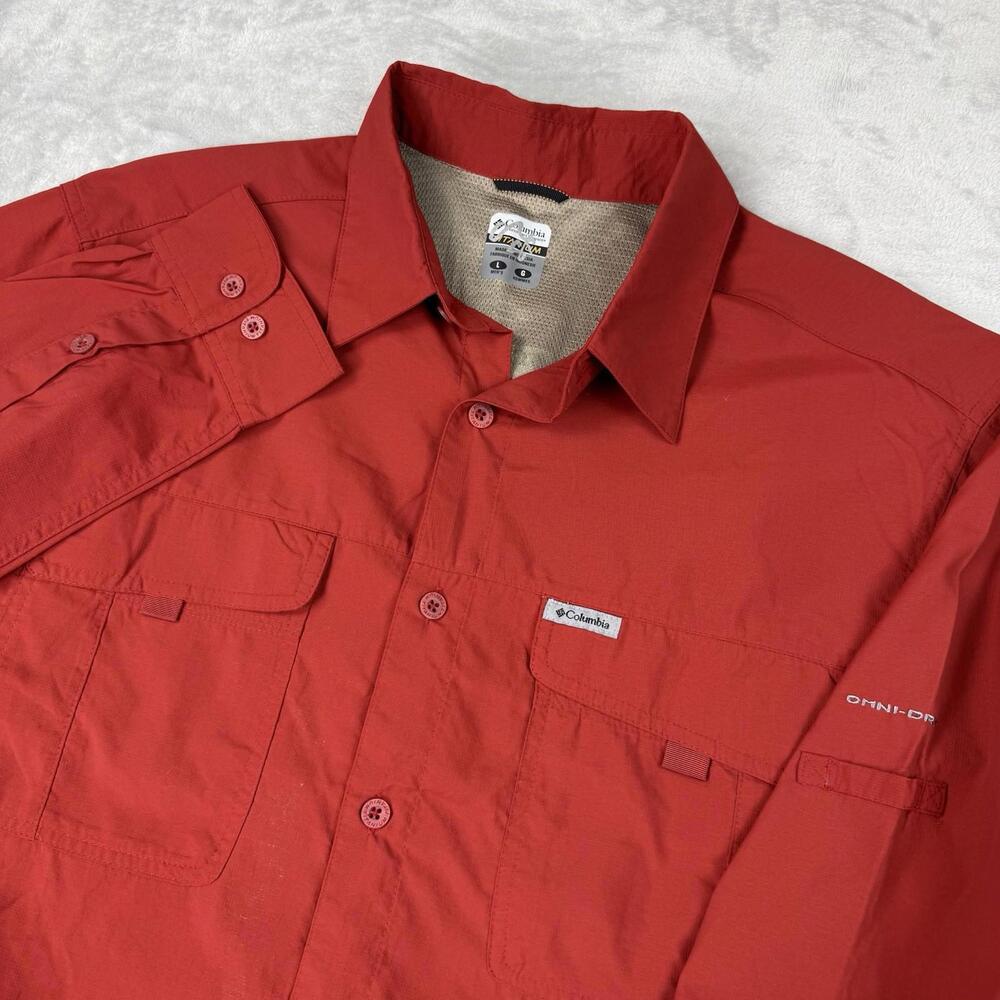 Columbia Titanium Long Sleeve Fishing Button Shirt Sz L Red Nylon Outdoor Hiking